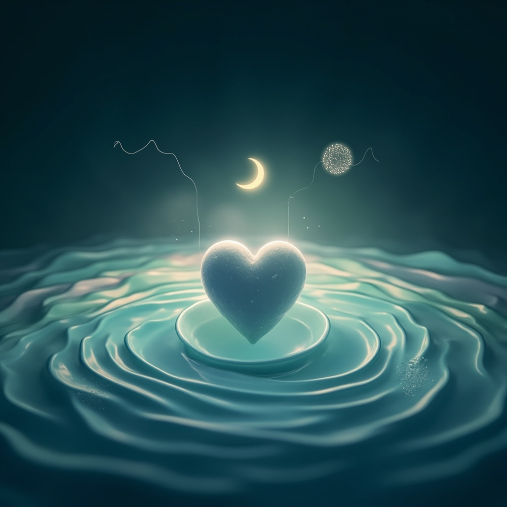 Serene illustration of a balanced heart with flowing blood waves in soft blue and green tones, surrounded by sleep symbols like a crescent moon and calm breathing icons, evoking restoration and low stress.