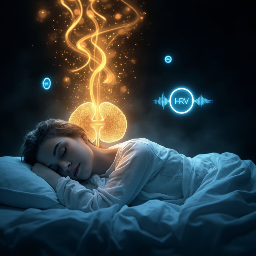 Illustration of glowing adrenal glands above kidneys, emitting golden energy waves that form a serene sleeping figure in deep restorative sleep, with circadian clock and HRV heart symbols in soft blue tones.