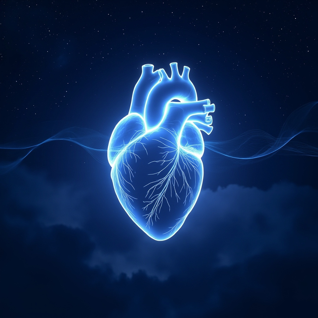 Serene illustration of a glowing human heart with the sinoatrial node highlighted in soft blue light, electrical waves pulsing rhythmically, overlaid on a peaceful night sky with subtle sleep waves.