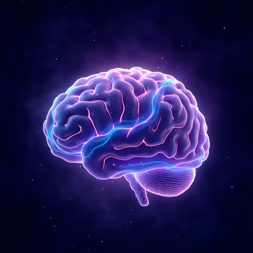 Illustration of a calm brain at night with glowing pathways of serotonin and melatonin flowing smoothly, soft blues and purples, evoking restful sleep and positive mood