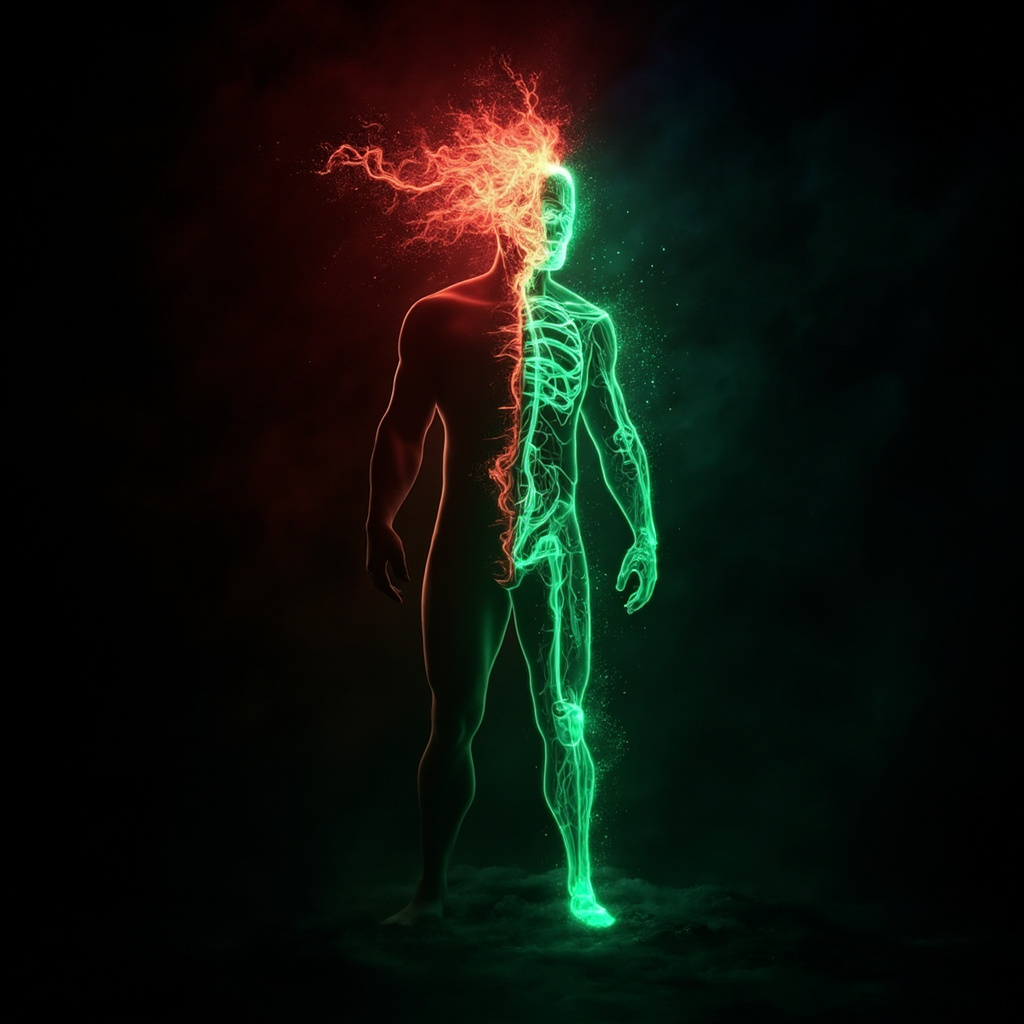 Illustration of human silhouette at night, adrenal glands glowing red with adrenaline waves disrupting sleep waves in brain and heart, contrasted by green balanced flow leading to peaceful rest.