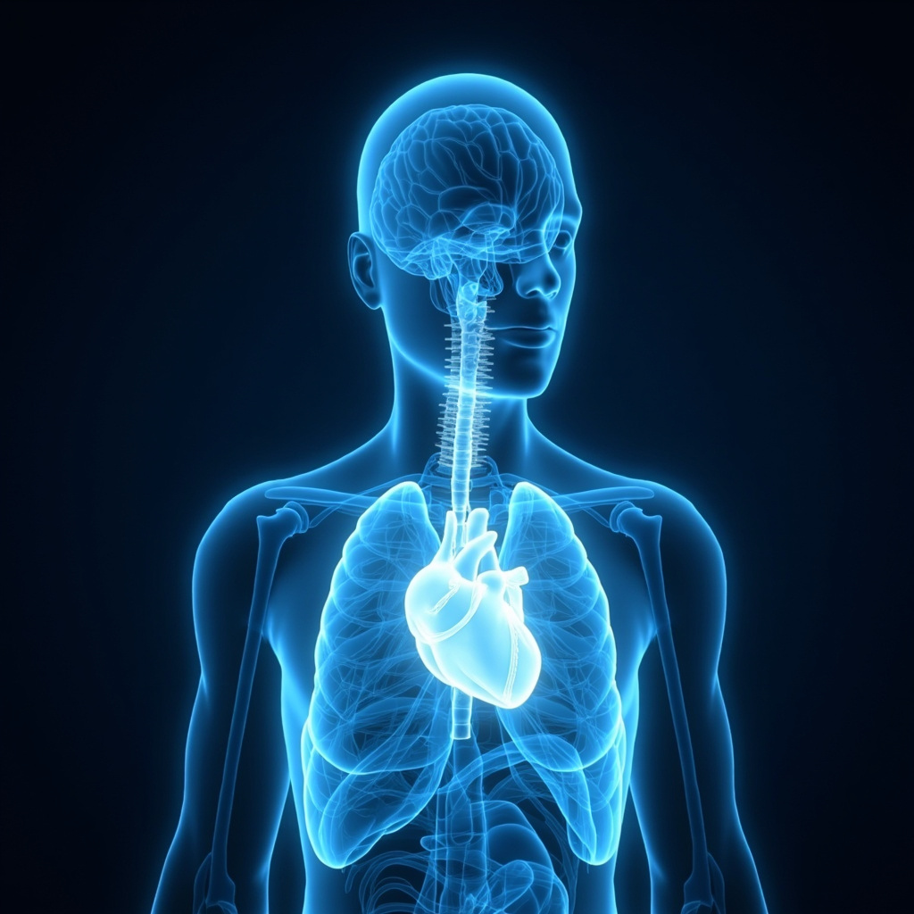 Serene anatomical illustration of the thyroid gland in the human neck, glowing with soft blue energy waves connecting to the brain, heart, and lungs, symbolizing metabolic balance, deep sleep, and vitality restoration.