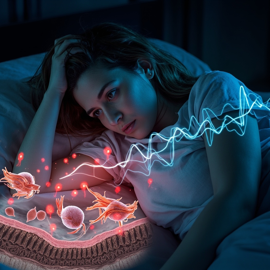 Microscopic illustration of Giardia lamblia trophozoites attaching to intestinal wall, with overlay of tired person waking exhausted, gut pain icons, disrupted sleep waves in blue tones.