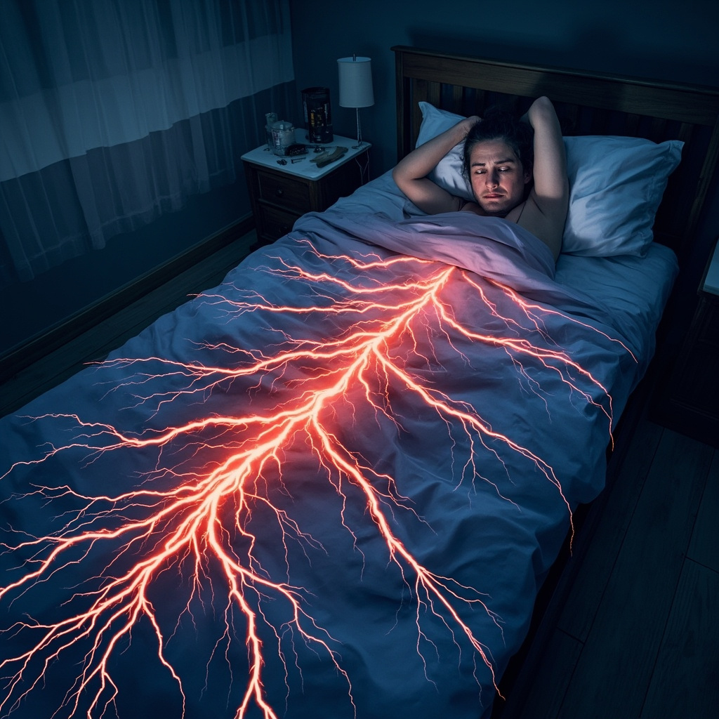 Illustration of a person tossing in bed at night with glowing underground lines from water veins and faults emitting disruptive energy waves affecting their body aura, causing fatigue upon waking in morning light, realistic style with blue earth tones and red stress highlights.