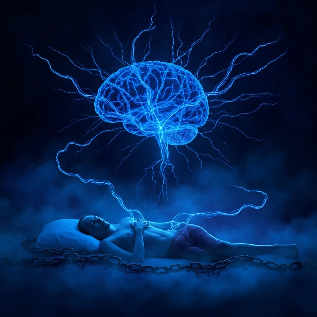Illustrative image of glowing blue motor neurons branching from brain to muscles, intertwined with soft sleep waves and a calm sleeping figure breaking free from shadowy chains, serene nighttime background.
