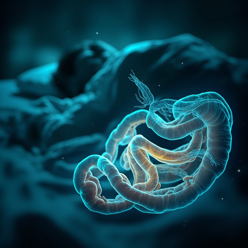 Illustrative image of Ascaris larvae migrating through glowing human intestines and lungs, with faded background of a restless sleeper in bed, symbols of fatigue and anxiety, in calming blues and soft lights.