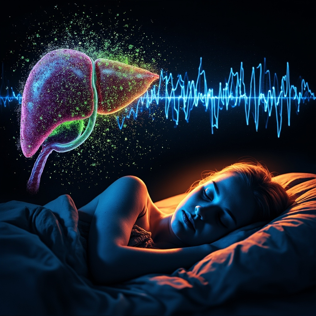 Illustrative image of a human liver under attack by glowing mold spores, with sleep waves disrupted in the background, a person resting peacefully in foreground symbolizing recovery