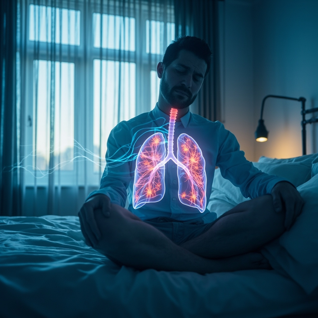 Prompt: Serene bedroom scene at dawn, tired adult waking exhausted from disrupted sleep, inset of glowing lungs invaded by tiny parasites causing subtle inflammation, educational style with soft blues and energy waves symbolizing imbalance, professional health illustration.