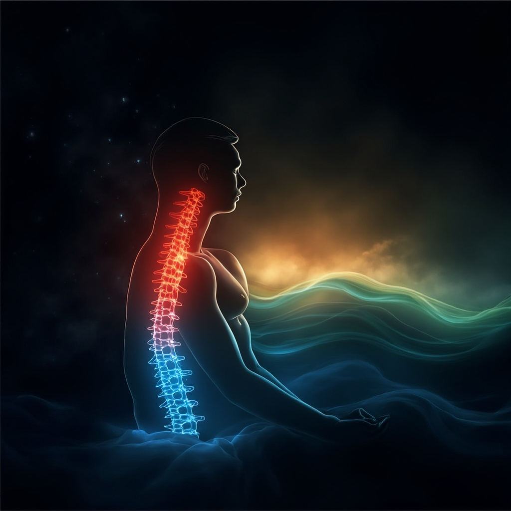 Illustration of a human silhouette in bed at night, spine glowing red for overactive orthosympathetic nerves from thoracic to lumbar, heart racing, contrasted with calm blue parasympathetic waves fading it to green upon balancing, morning sun with refreshed face.