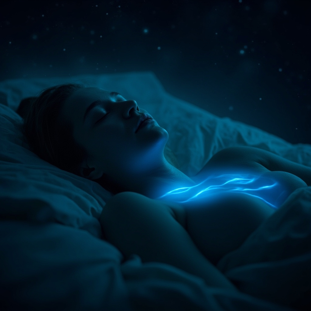 Serene person sleeping peacefully with subtle glowing blue heart waves illustrating high-frequency HRV parasympathetic activation, soft night sky background, calming tones