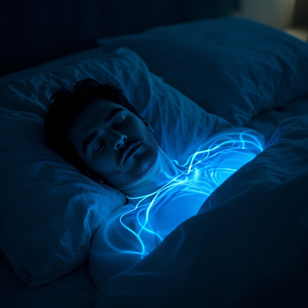 Serene bedroom scene at night with a peacefully sleeping person, soft blue glowing waves emanating from the heart and vagus nerve areas symbolizing parasympathetic activation, calming energy restoring the body, high resolution illustration.