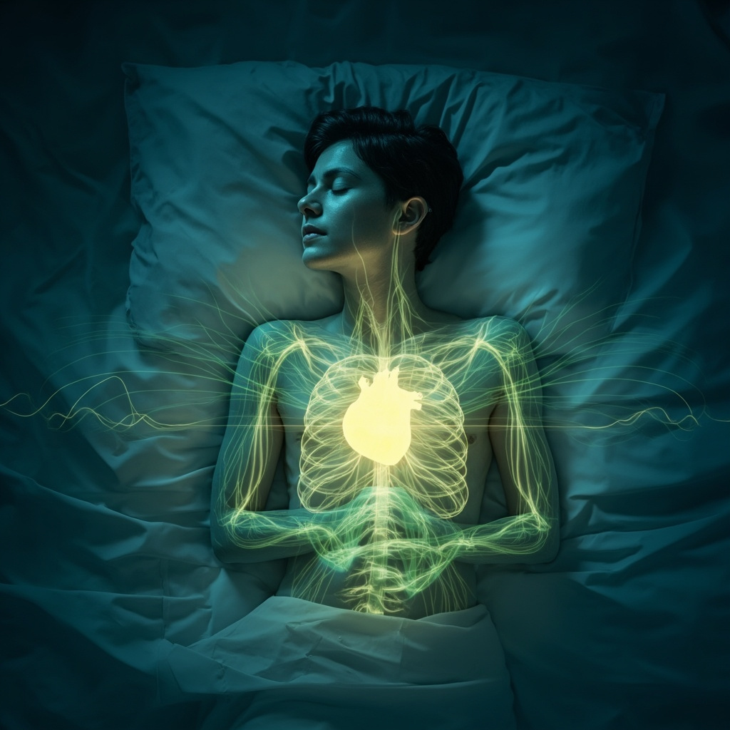 Split-image illustration: left, stressed person awake in bed with red glowing sympathetic nerves active, clock showing night; right, calm sleeper with blue parasympathetic waves, waking energized at dawn, soft lighting.