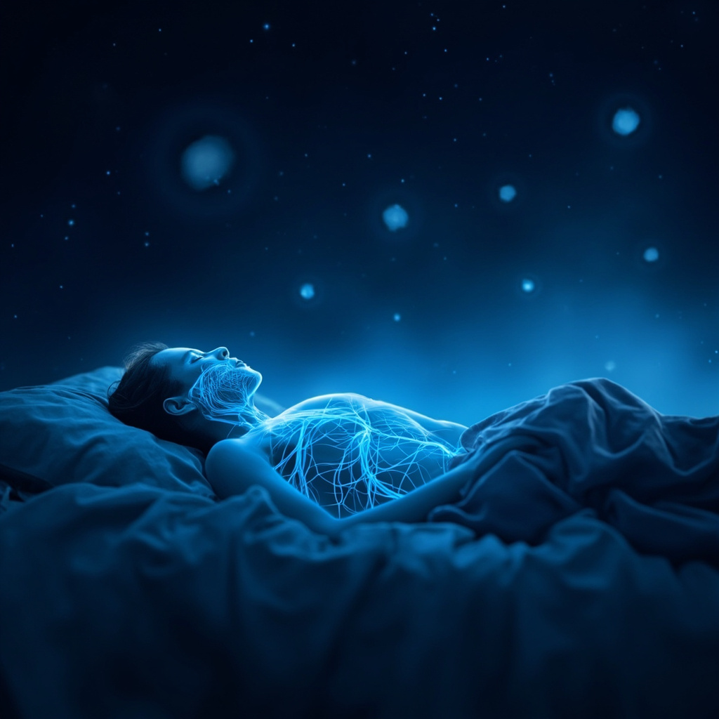 Serene night scene of a person in deep sleep, with soft glowing blue nerves tracing the parasympathetic pathways from brain to heart and gut, symbolizing relaxation waves, calm atmosphere with stars and gentle breathing icons.