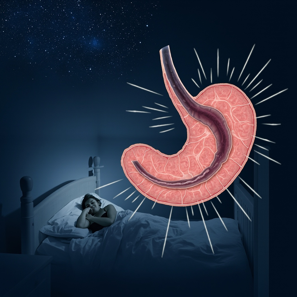 Professional scientific illustration of Gastrothylax elongatus fluke parasite attached to pink intestinal mucosa in the stomach, with subtle waves of discomfort rippling out to a silhouette of a person tossing restlessly in bed under a starry night sky, emphasizing the gut-sleep connection