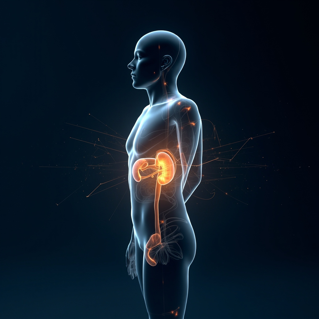 A professional, cinematic 3D render of a human silhouette showing the liver and kidneys glowing with a soft, golden coherent light, surrounded by subtle geometric frequency waves on a deep navy blue background.