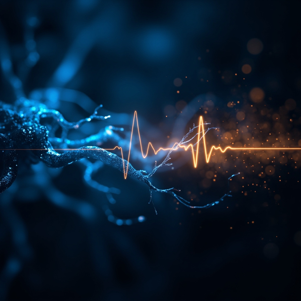 A calm, abstract representation of a glowing, branched neural network connected to a soft, rhythmic heartbeat waveform, blending energetic blues and warm amber tones.