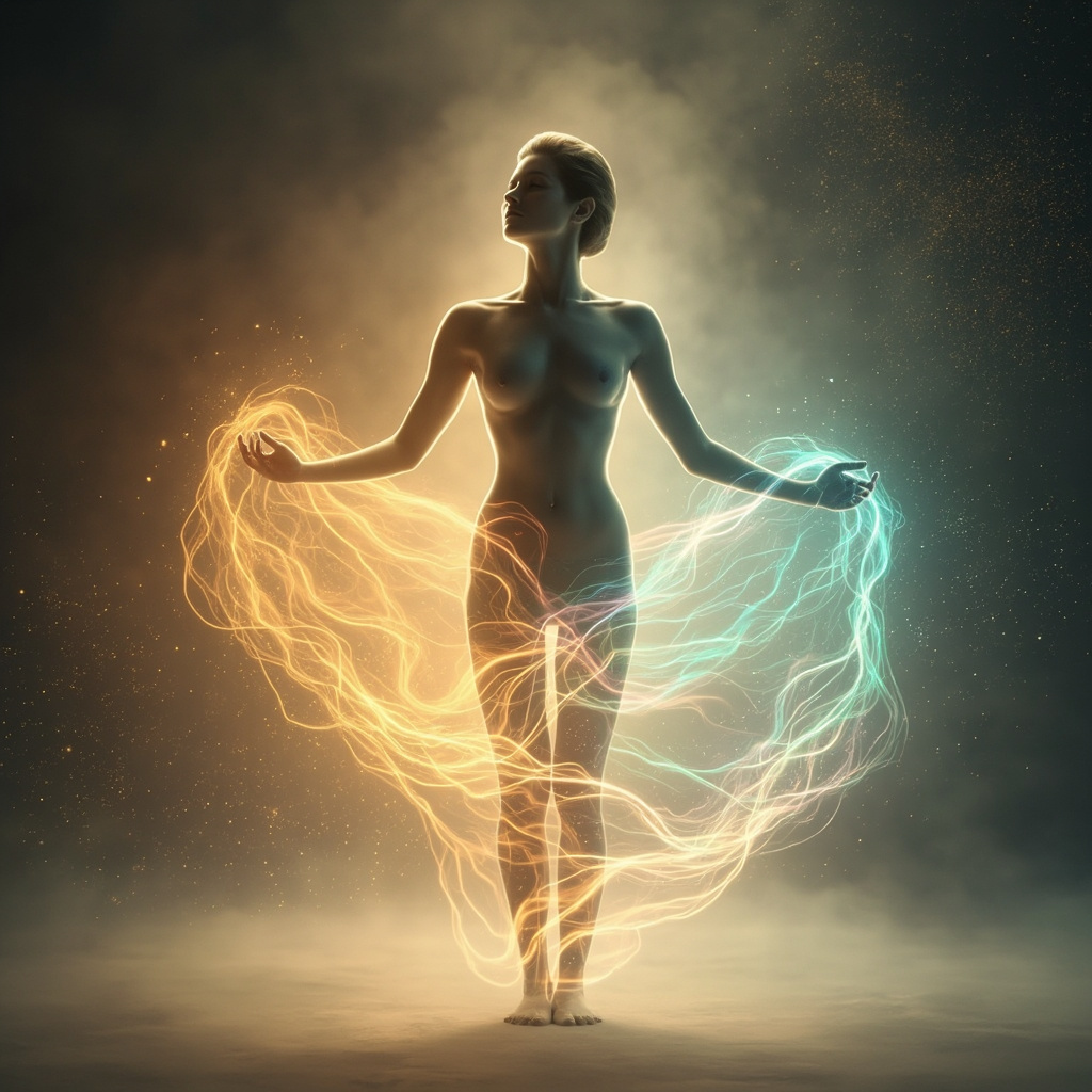 A serene, abstract representation of light waves harmonizing with a human silhouette, symbolizing balance and energy restoration.