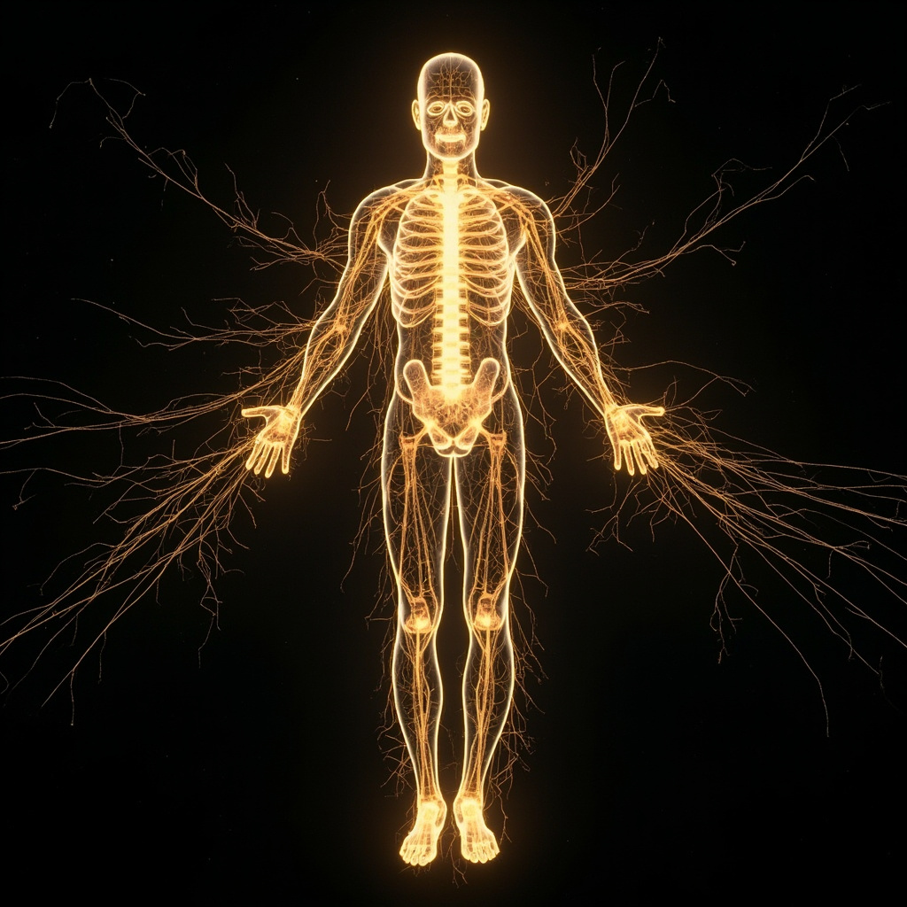 A high-quality, glowing artistic representation of the human nervous system spreading from the spine to the limbs, symbolizing connection, light, and harmony.