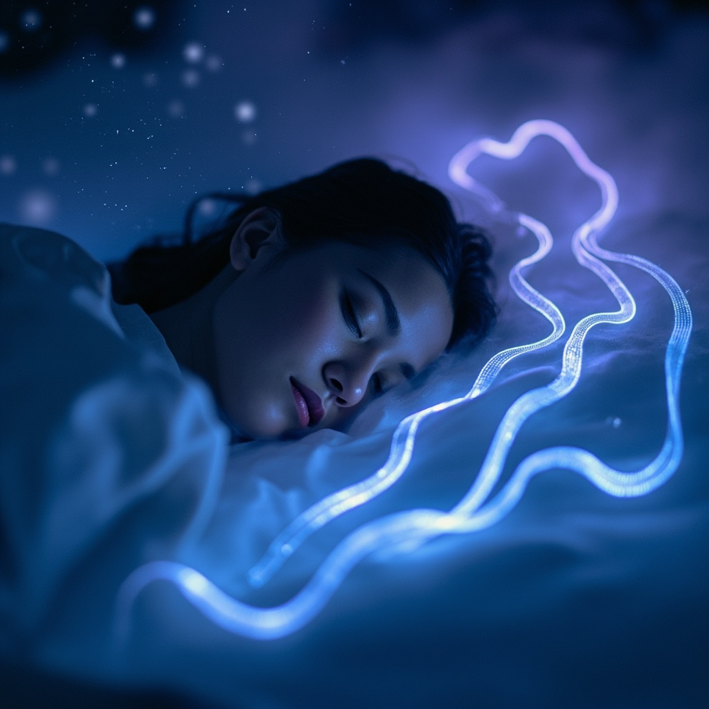 Soft glowing image of a serene sleeping figure with ethereal hormone molecules flowing into brain waves representing deep delta sleep, in calming blues and purples