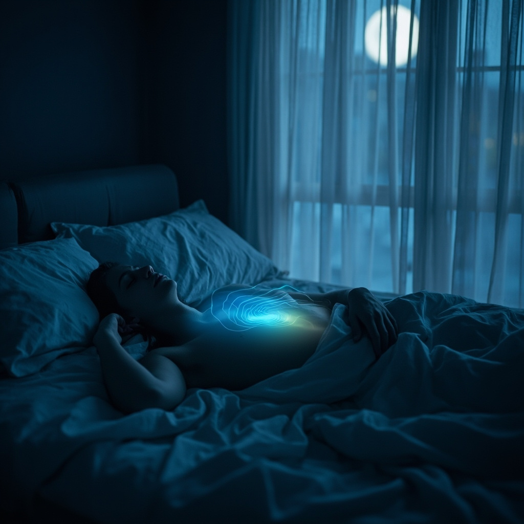 A peaceful bedroom at midnight with a person sleeping soundly under soft moonlight filtering through curtains, subtle glowing energy waves balancing heart and liver areas in calming blue and green tones, evoking deep restoration and circadian harmony.