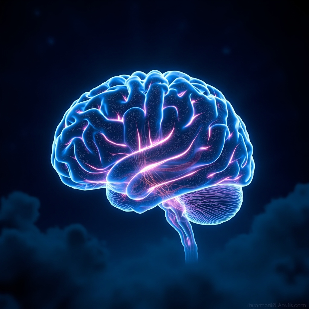 Serene human brain during REM sleep, neural networks glowing with vivid dream colors in blues and purples, evoking deep restoration and active yet restful mind.