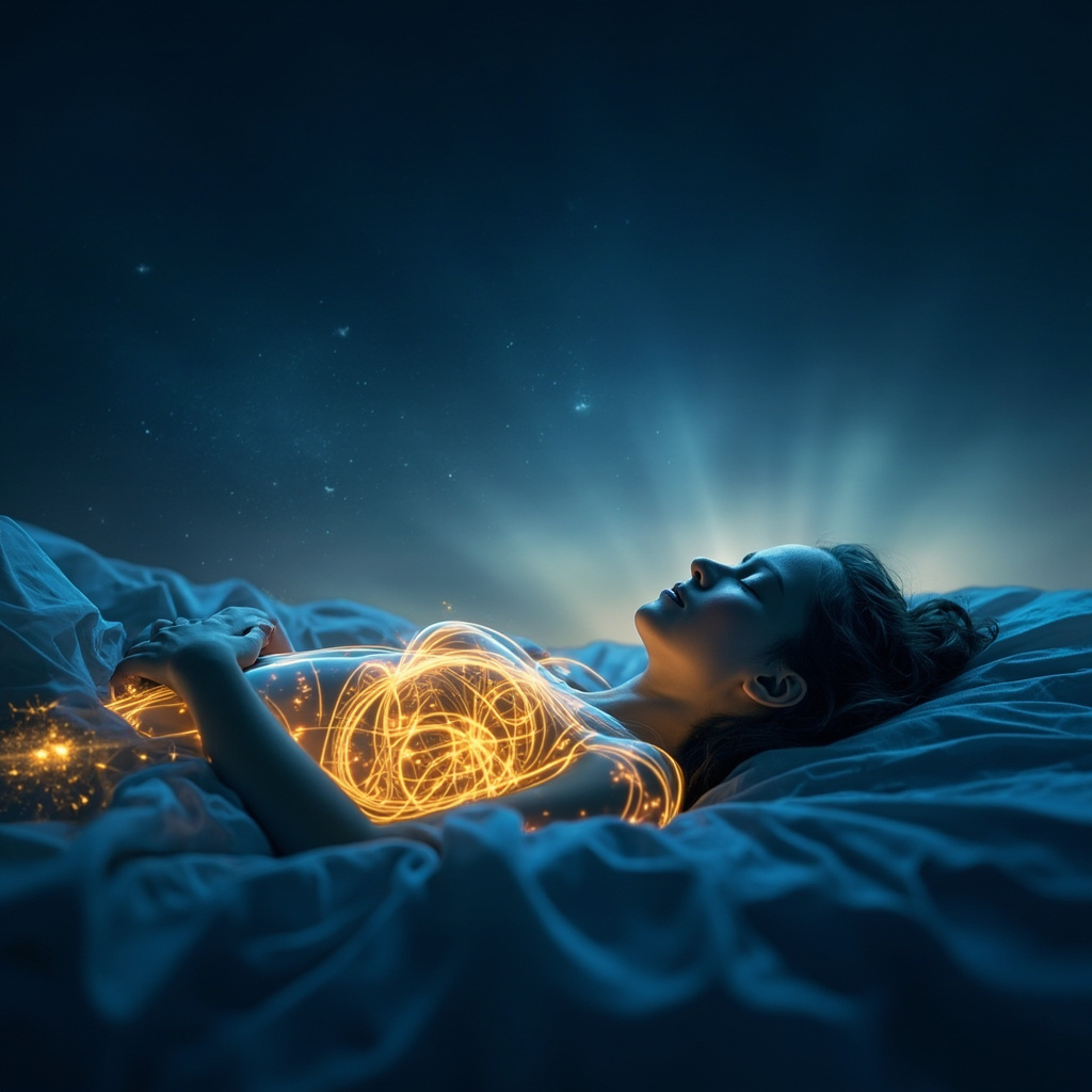 Serene sleeping figure with glowing golden Prana energy flowing through nerves, brain, lungs, and heart, in a peaceful night setting with soft blue hues and starry sky.