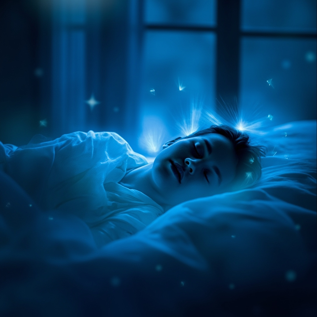Serene person in peaceful sleep, soft glowing blue aura around body symbolizing inner calmness, calm bedroom with moonlight, HRV waves in background fading to restful patterns.