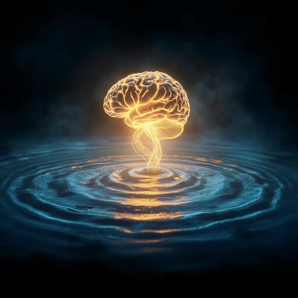 Serene glowing brain and heart connected by golden neural pathways with soft blue sleep waves emanating, symbolizing harmony and recovery.
