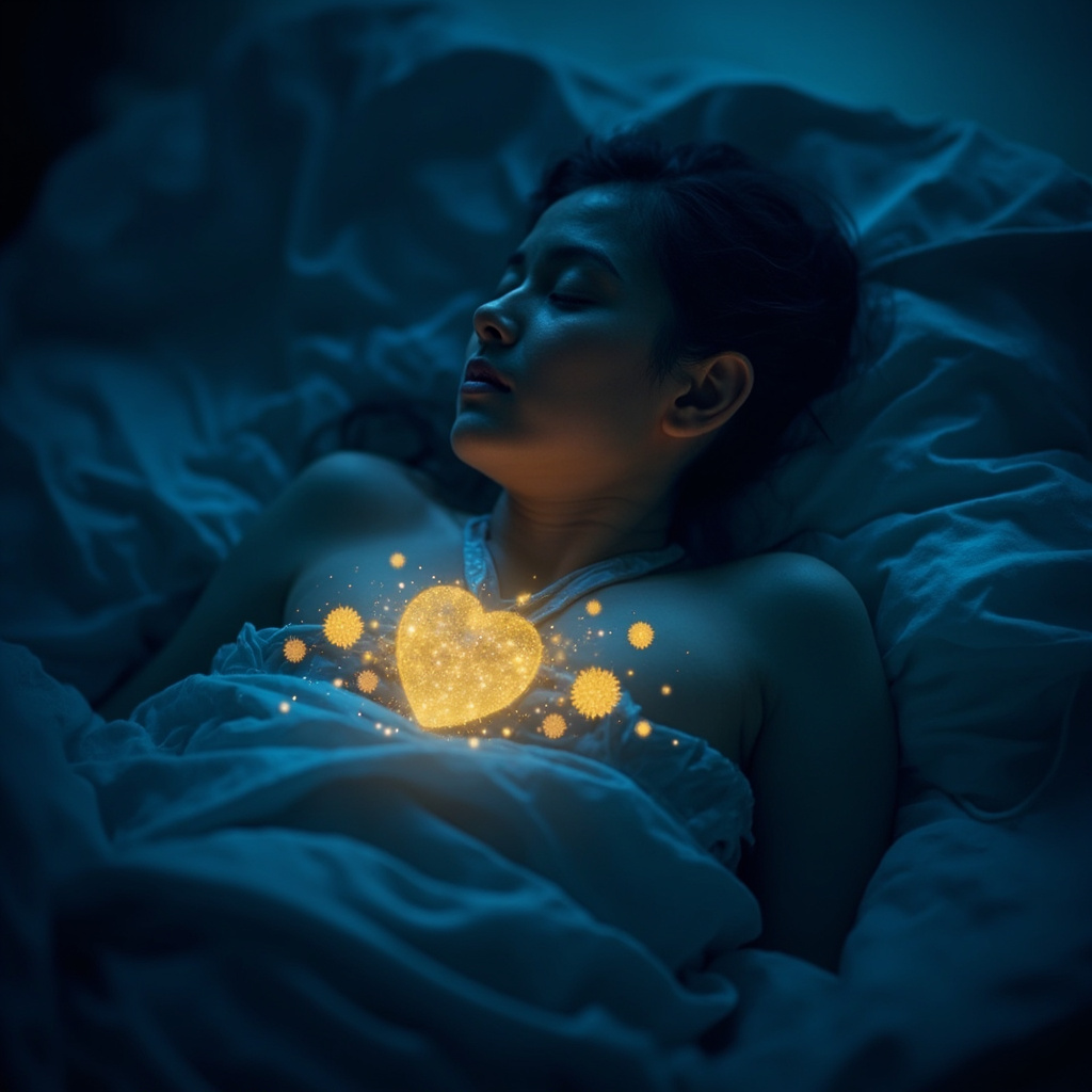 Serene night scene of a person sleeping deeply, with glowing shield-like immune cells and subtle heart wave patterns emanating from the chest, in soft blues and golds, symbolizing protection and recovery