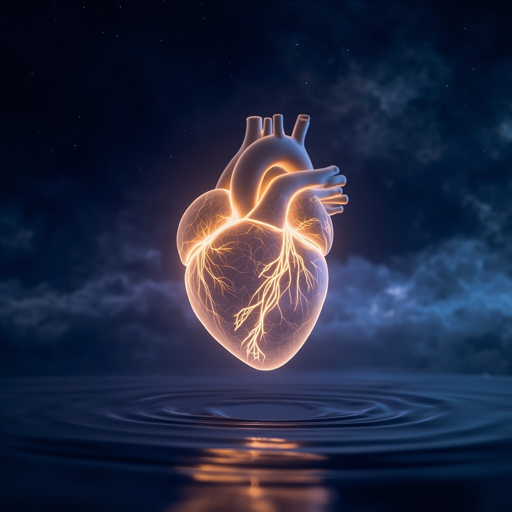 Serene glowing human heart with smooth heartbeat waves merging into peaceful brain waves and a calm starry night sky, symbolizing heart health, HRV, and restorative sleep