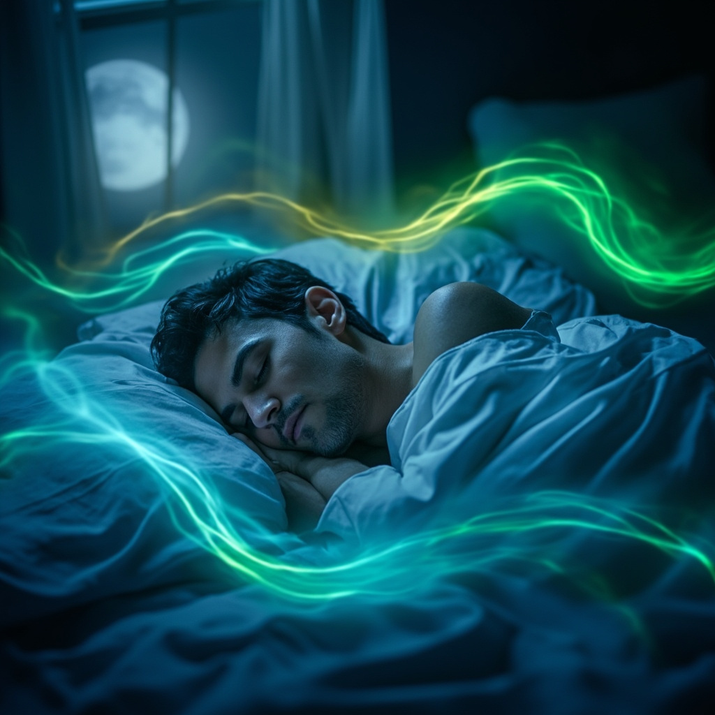 Serene bedroom scene at night: a person sleeping peacefully under soft moonlight, surrounded by glowing balanced energy waves in blue and green hues symbolizing emotional harmony and restorative sleep, high-resolution digital art.