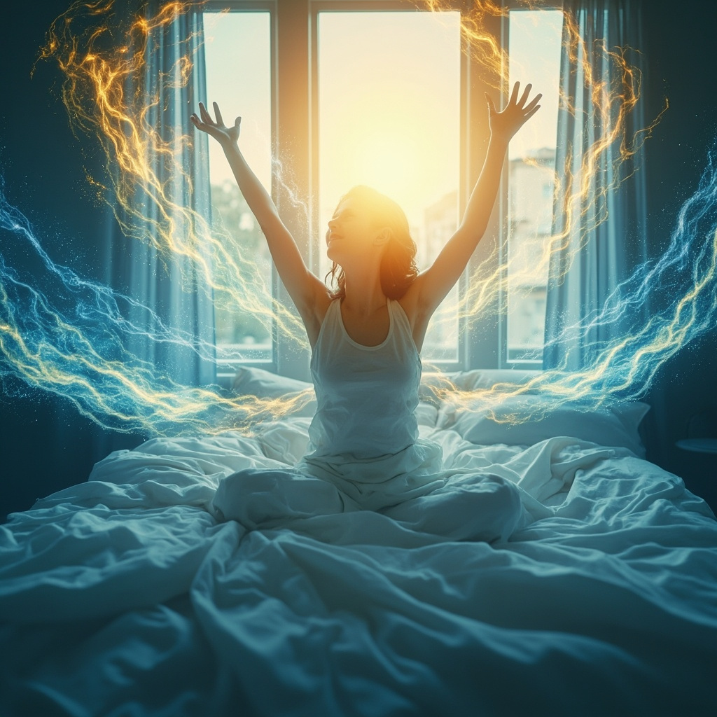 A person rising energized from bed at dawn, surrounded by soft glowing waves of blue and gold light symbolizing balanced vitality and restorative sleep