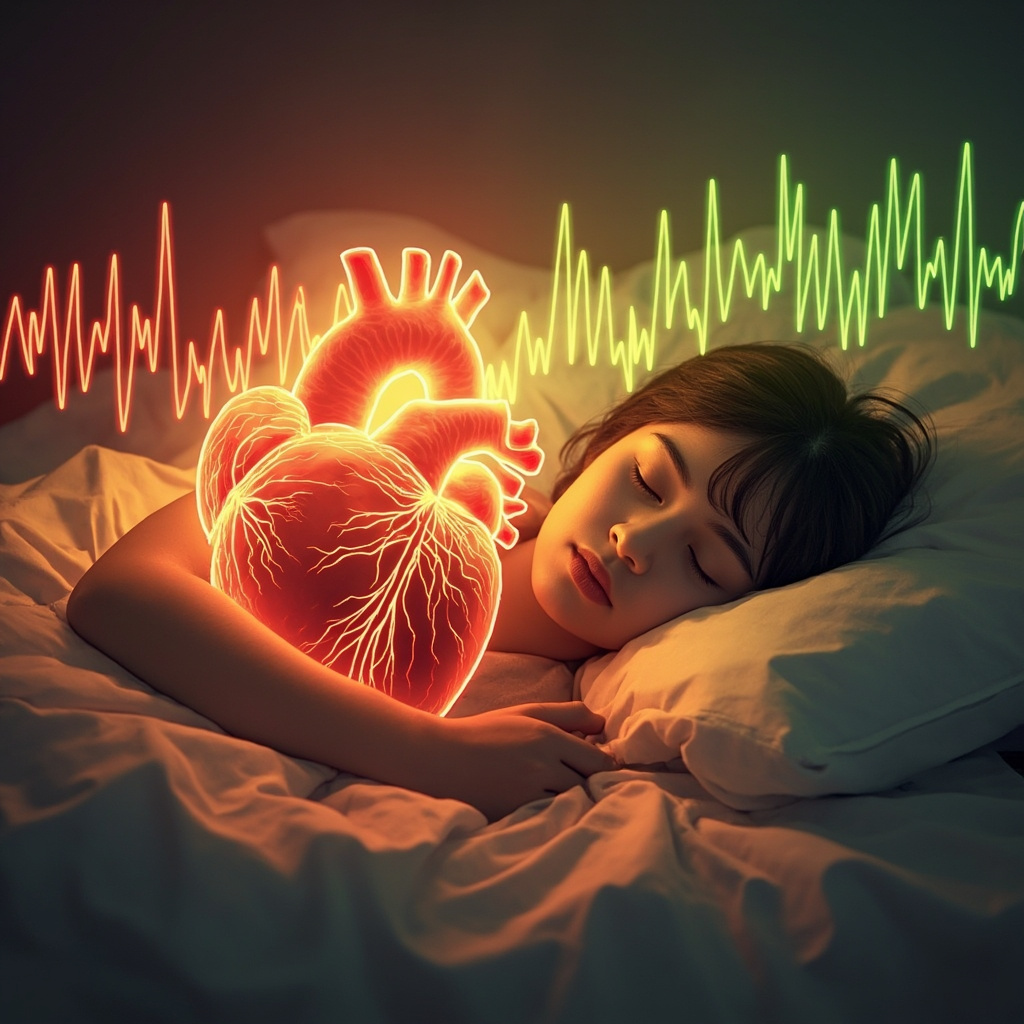 Illustration of a heart with glowing ECG waves transitioning from chaotic high stress index pattern (red jagged lines) to smooth balanced HRV (green waves), beside a person sleeping peacefully and waking energized, soft dawn light, medical yet approachable style.