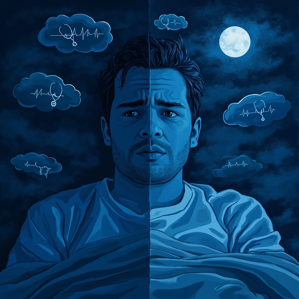 Illustration of a tired person in bed at midnight, phone glowing beside them, clock ticking past bedtime, transitioning to peaceful sleep with soft moonlight filtering in