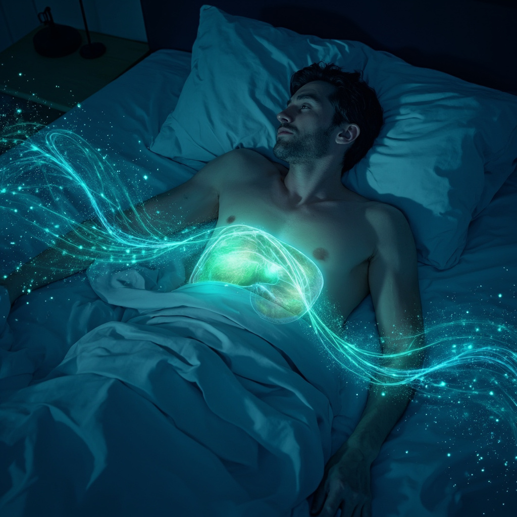 Illustration of a person tossing in bed at night surrounded by subtle glowing mold spores affecting a stylized liver organ, transitioning to harmonious frequency waves restoring calm sleep and morning vitality, in soft blues and greens.