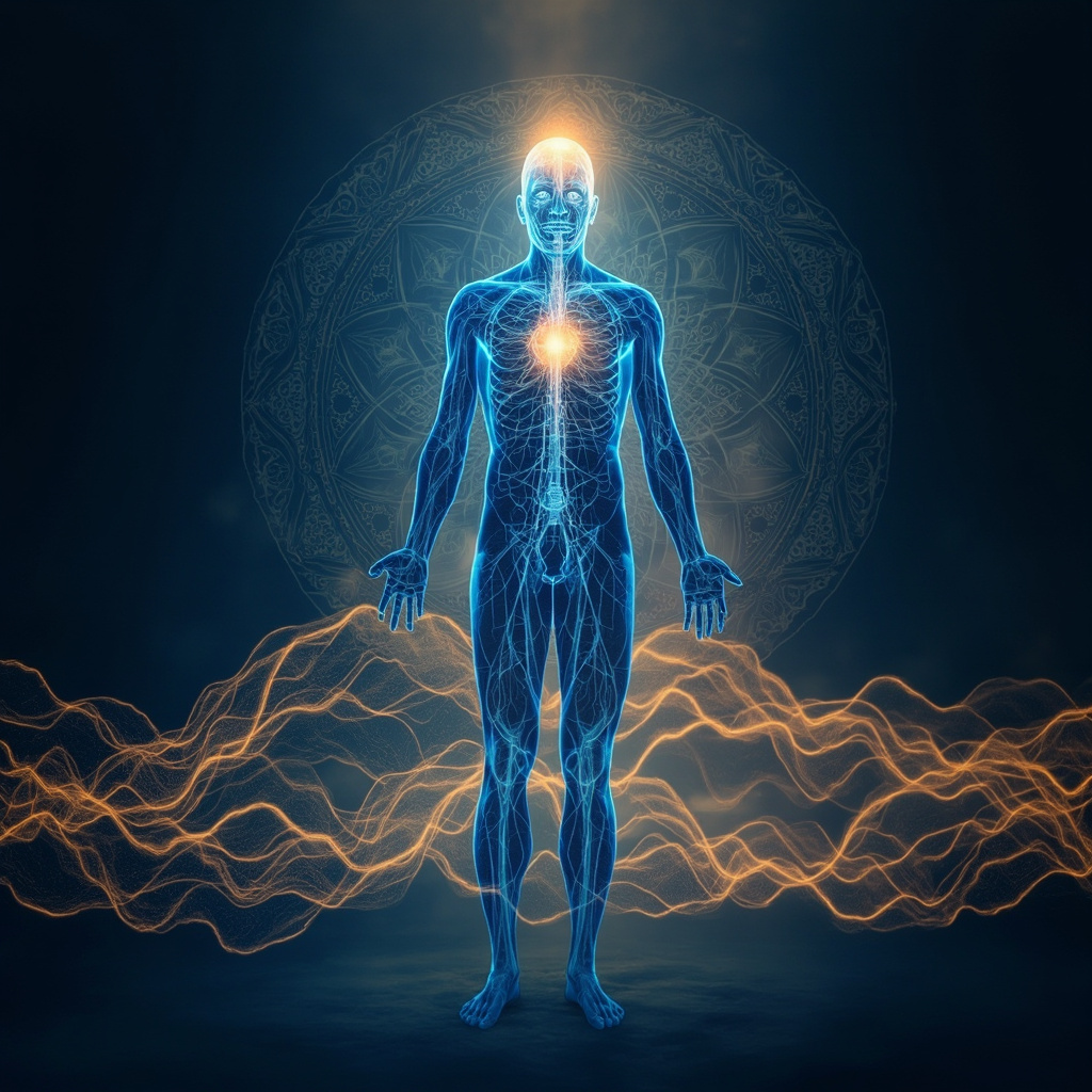 Serene human silhouette with glowing nervous system and senses (eyes, ears, brain, heart) in blue-gold aura, transitioning from chaotic stress waves to calm sleep waves, Ayurvedic mandala background, soft lighting