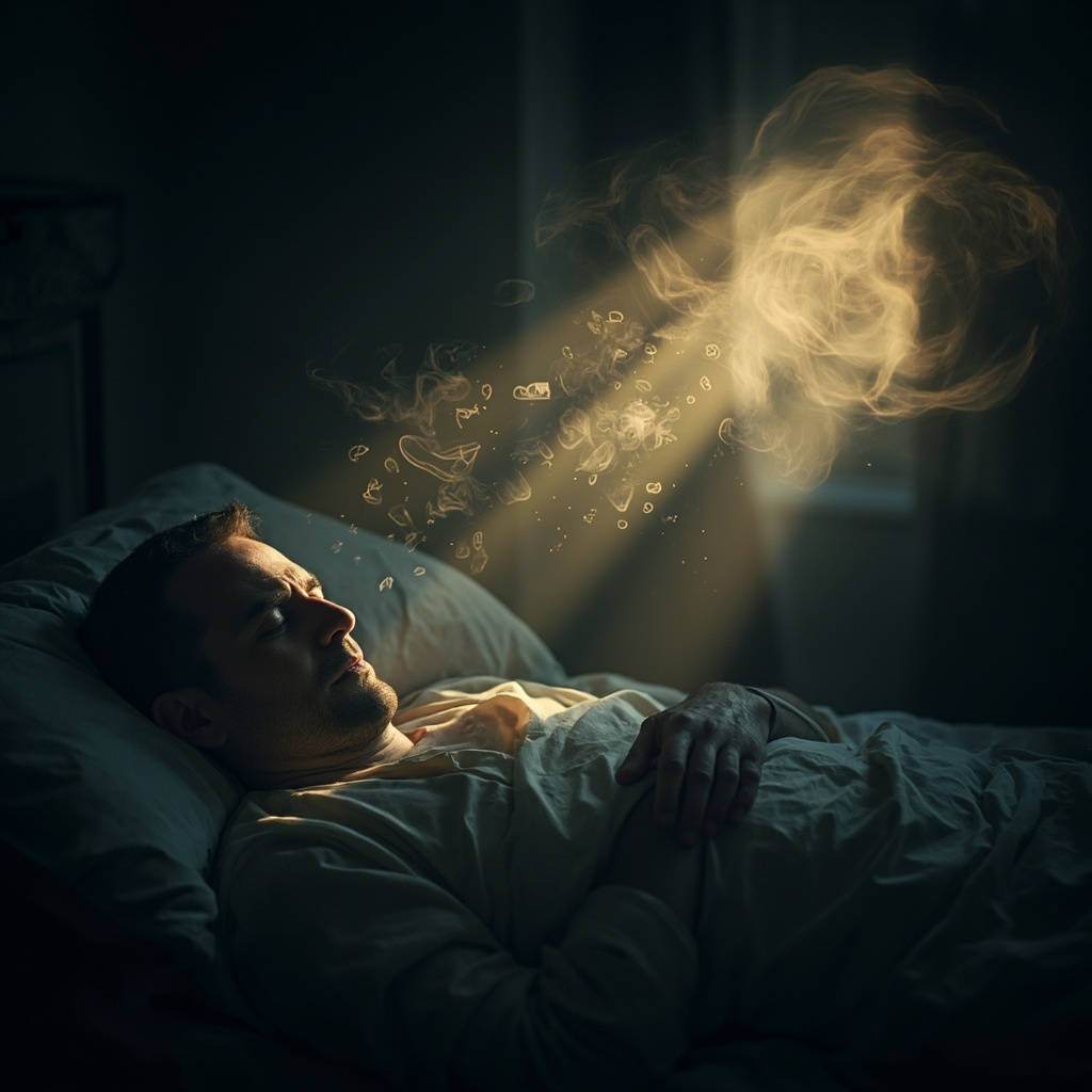 A weary adult in bed at night, surrounded by swirling thought bubbles of checklists and worries, transitioning to a peaceful morning glow with balanced energy waves.