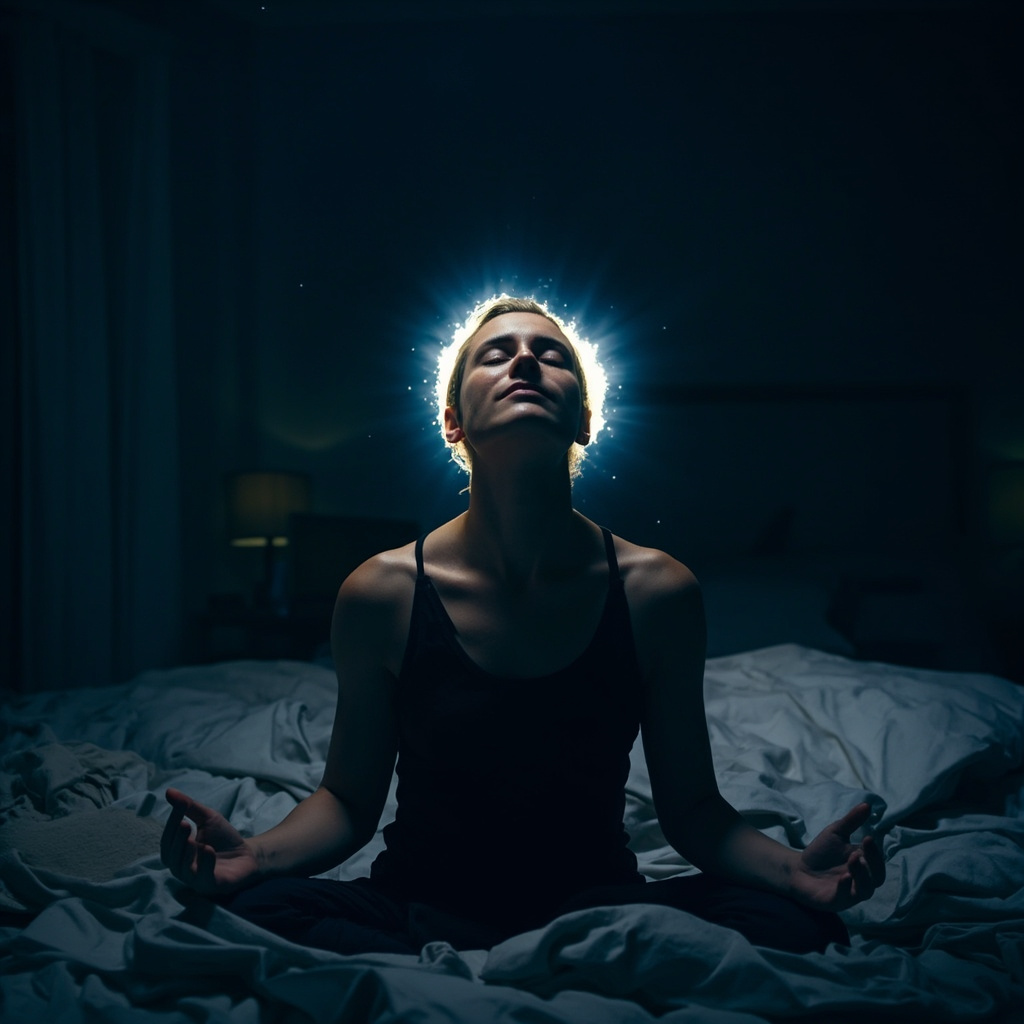 Serene person meditating in a dimly lit room at bedtime, eyes closed with soft ethereal glow around the head symbolizing calm and clarity, transitioning to peaceful sleep in bed.