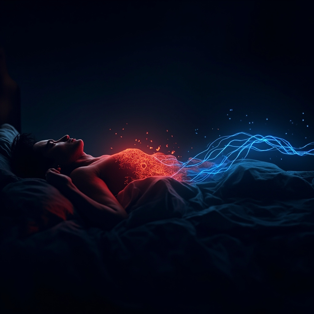 Illustration of a human silhouette at night, gut area glowing with red disruptive bacteria waves interfering with blue calming brain and sleep waves, person in bed looking uncomfortable transitioning to peaceful sleep.
