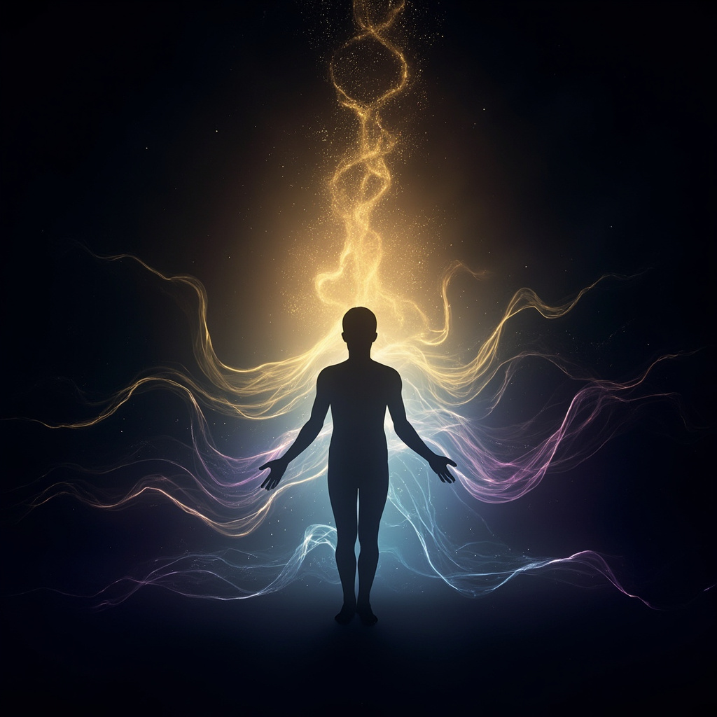 A serene, abstract visualization of glowing light frequencies flowing through a human silhouette, representing balance and harmony.