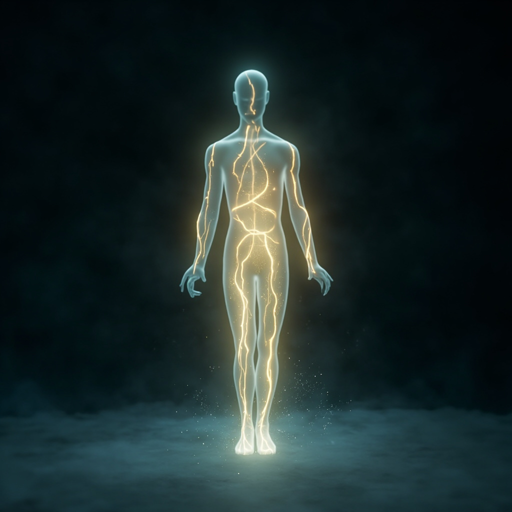 A calm, abstract visualization of glowing, harmonious light waves flowing through a human silhouette, representing biological balance and electrical restoration.