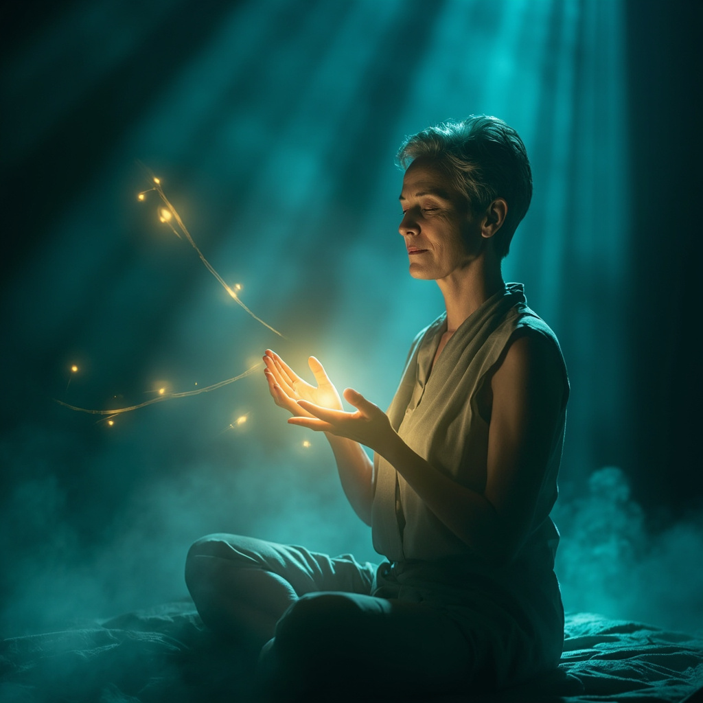 Serene middle-aged woman in soft lighting, gently applying acupressure to her knee crease and palm center, with glowing subtle energy lines connecting body points, calming blues and greens, meditative pose.