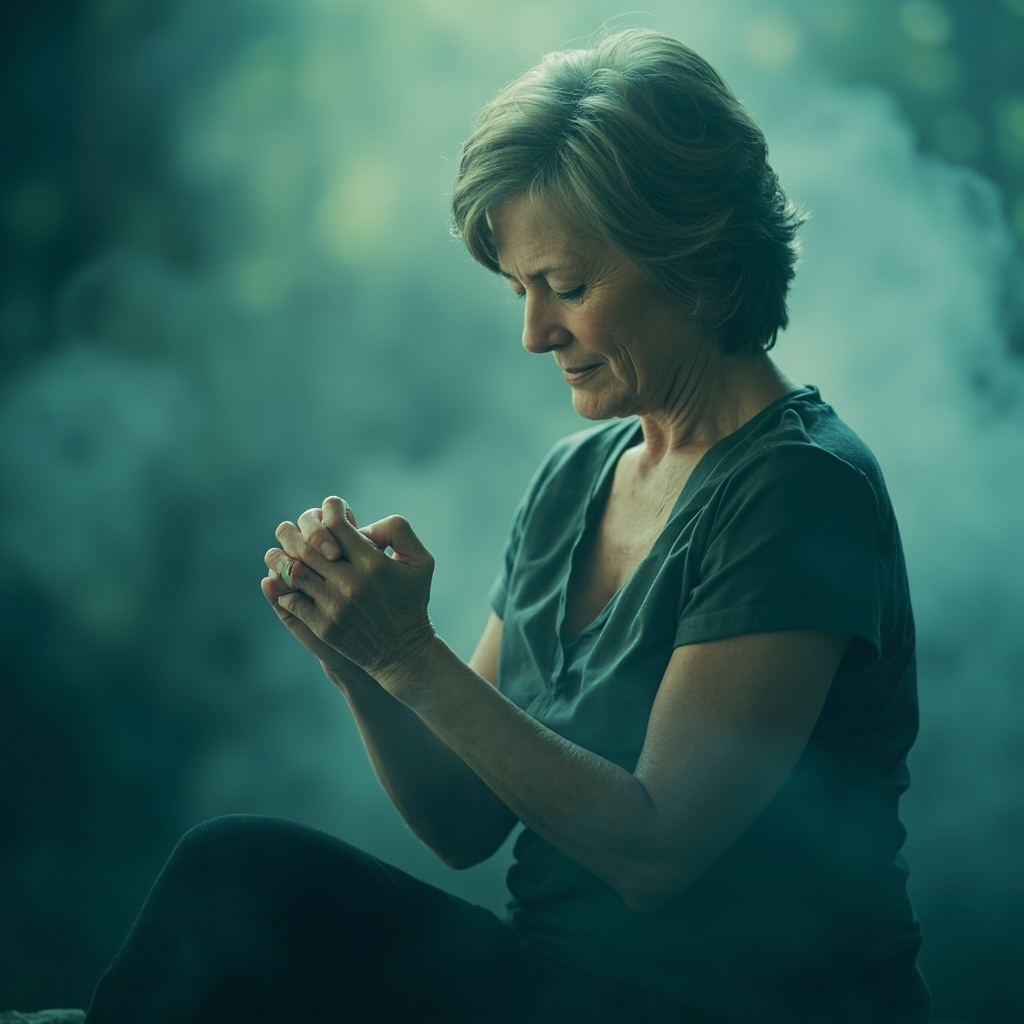 Serene middle-aged woman in soft lighting, practicing gentle acupressure on her wrist, with calming blue and green tones, evoking emotional balance and menopause relief