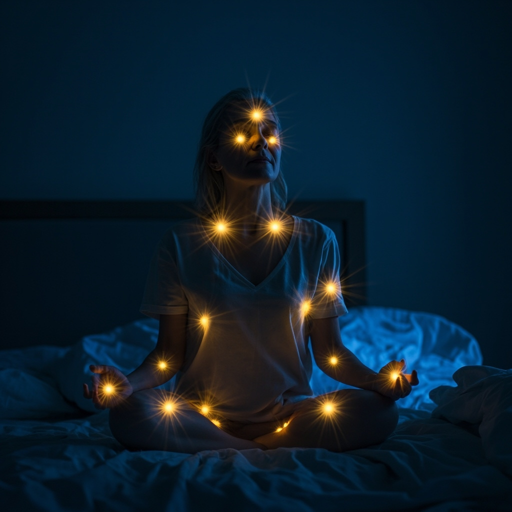 Calm woman in her 50s meditating at night, soft glowing acupuncture points BL36 on leg, ST36 knee, TV6 hand, GV28 face, PE8 palm highlighted in gold light, serene bedroom, blue tones for peace.