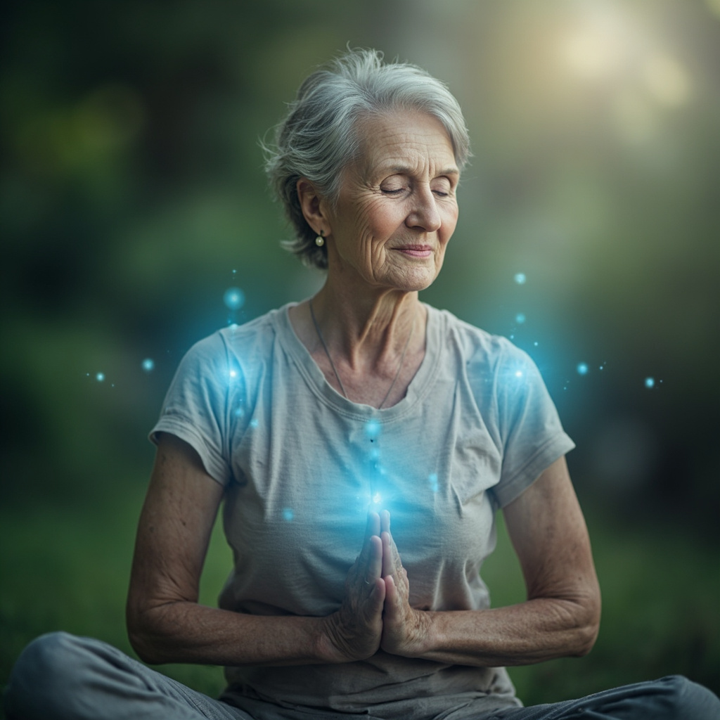 Serene woman in her 50s meditating with glowing acupuncture points on hands, chest, face, back, and abdomen highlighted in soft blue light, symbolizing TCM energy balance for menopause mood swings, calm natural background.
