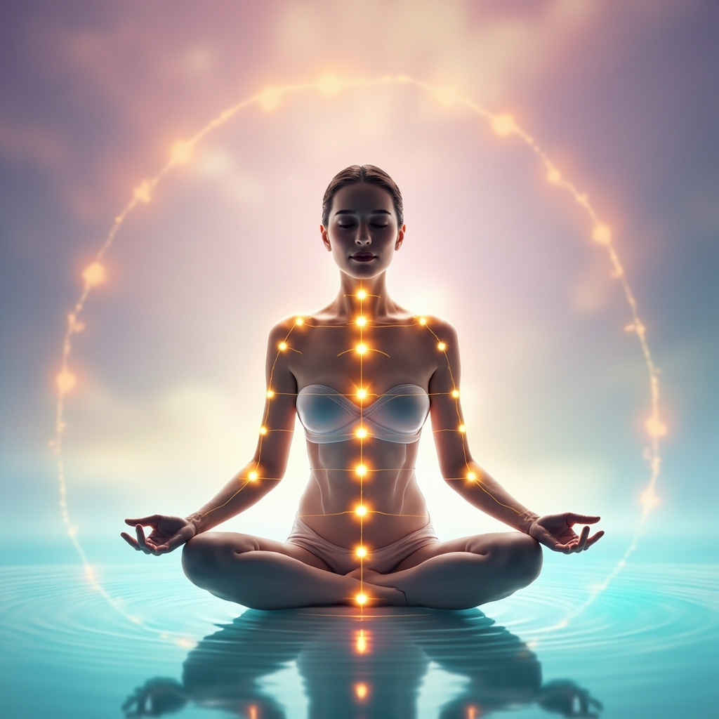 Serene middle-aged woman meditating cross-legged, glowing golden lines connecting acupuncture points BL35 on lower back, ST35 on knee, TE5 on forearm, CV2 on lower abdomen, HT8 on palm; soft blue frequency waves emanating, calm face with closed eyes, pastel background evoking peace and energy balance.