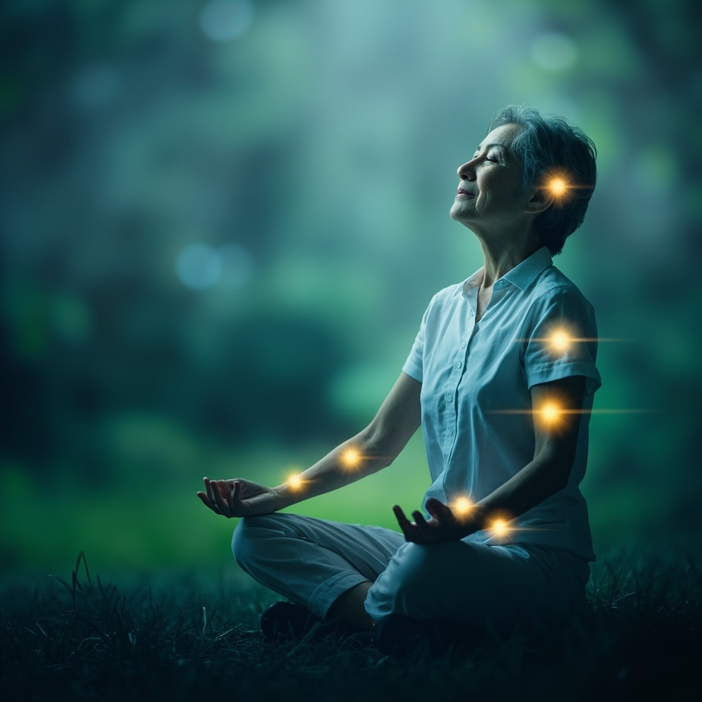 Serene person sitting in meditation pose with soft glowing lights on acupuncture points PC6 on forearm, HT7 on wrist, GV20 on head top, peaceful blue tones, calm natural background
