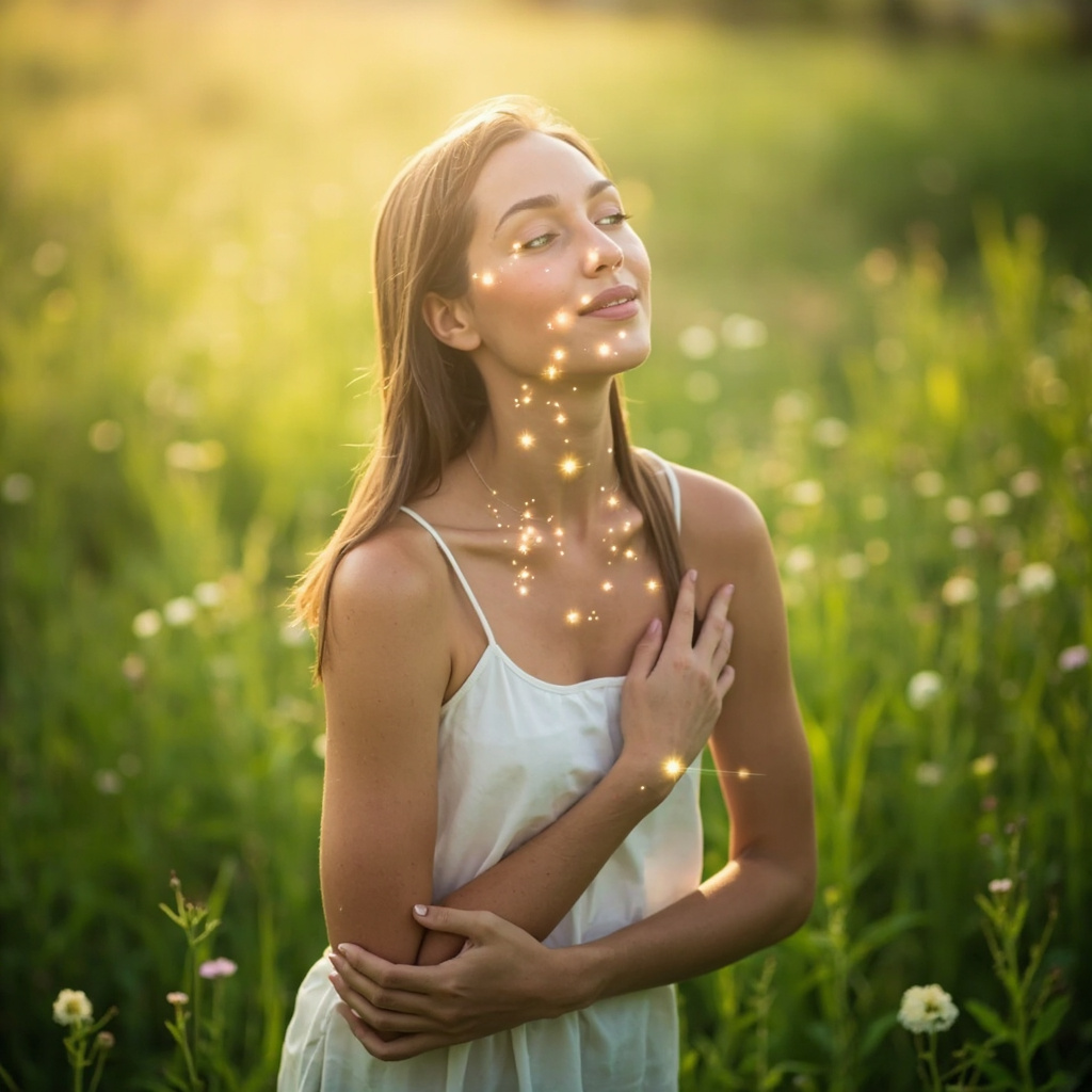 Serene person in spring meadow breathing freely, with subtle glowing acupuncture points on forearm, forehead, temple, lower abdomen, and under-eye area, symbolizing relief from allergies and anxiety