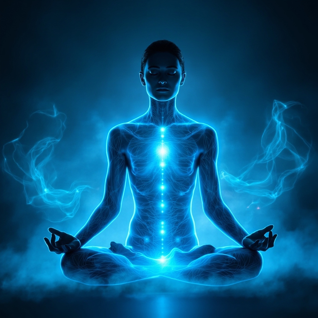 Serene person in a peaceful meditation pose with glowing blue energy waves along acupuncture meridians, symbolizing stress and anxiety relief through calming frequencies and vibrations, soft lighting.