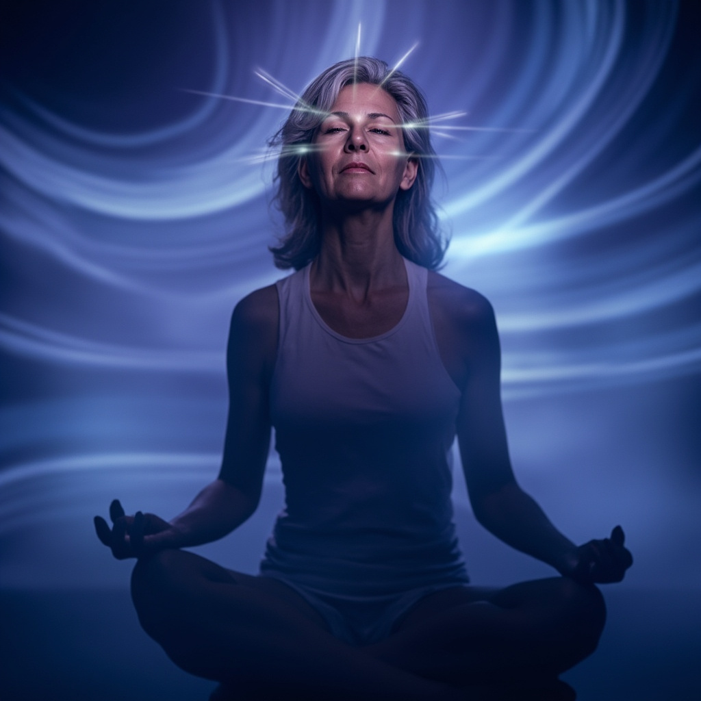 A serene winter landscape with a person meditating indoors by a window, soft glowing energy lines connecting acupuncture points on arms, legs, face, spine, and abdomen in blue and gold tones, symbolizing balance and uplift from lethargy.